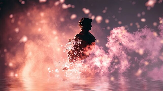 A bronze bust of a classical sculpture is dissolving into particles and smoke, with a water reflection, creating a surreal and ethereal atmosphere.