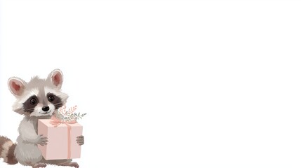 Obraz premium Cute raccoon holding a gift with flowers in a bright, warm setting
