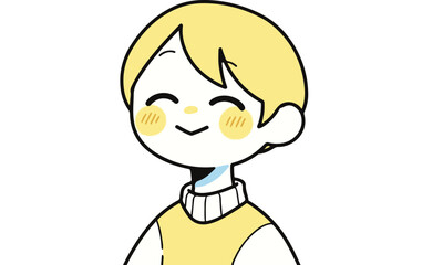 Cute Kawaii Boy Illustration with Blonde Hair, Blushing Cheeks, and a Warm Smile Wearing a Yellow Sweater; Adorable Minimalist Cartoon Character Design for Kids Artwork, Stickers, Posters,