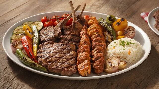 A generous mixed grill platter featuring lamb chops, kebabs, grilled vegetables, and rice, beautifully arranged on a large serving dish.
