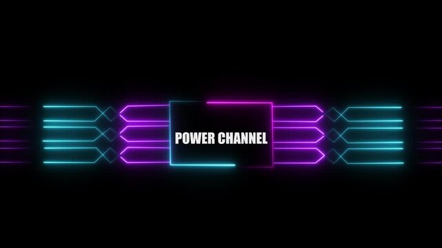 Networking chip icon futuristic neon circuit board POWER CHANNEL animated. on black background. Motion graphic of digital logo with futuristic technology.4k video black background animated...