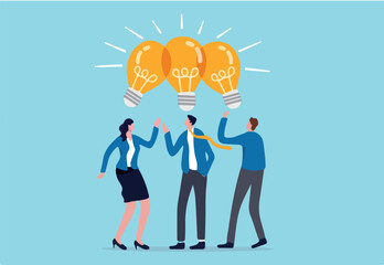 Sharing business ideas, collaboration meeting, sharing knowledge, teamwork or people thinking the same idea concept, smart thinking businessmen people office workers team up share lightbulb lamp idea.