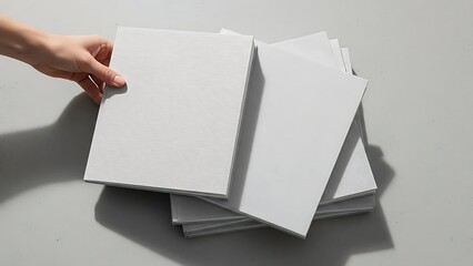 A hand picks up a blank white book from a stack on a clean surface.