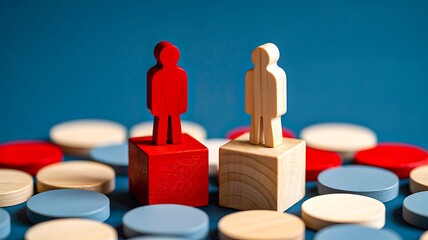 Gender inequality concept with male and female figures on different blocks
