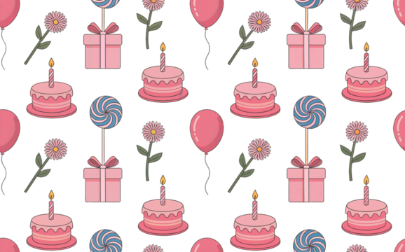 Pink birthday celebration pattern with cakes balloons and gifts