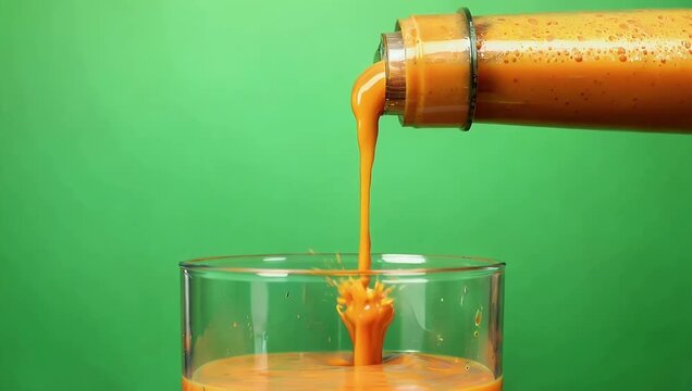 Dynamic 4K animated video showing realistic pumpkin juice pouring rapidly from a single inflow source and splashing quickly successfully filling the entire container against a vivid green background