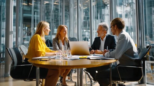 Collaborative Strategies: A professional business team sits around a sleek table, working together in a modern office, surrounded by bright windows. The scene exudes focus and synergy.