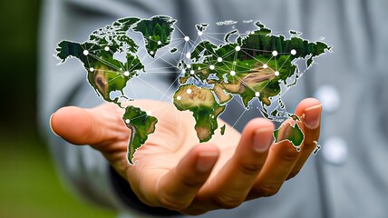 Global network world map floating above hand showing connected planet concept
