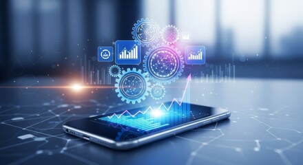 Advanced mobile analytics dashboard with financial charts, glowing graphs and digital gears displayed on smartphone lying on networked surface in futuristic business setting

