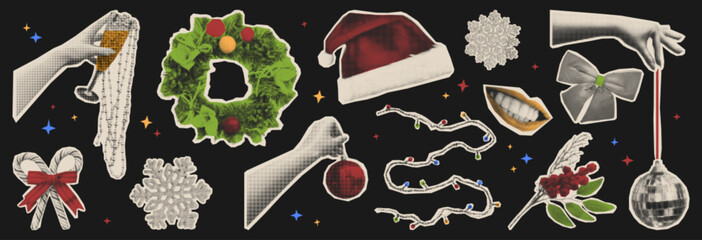 Fototapeta premium Vintage Christmas halftone stickers set isolated on black. Vector realistic illustration of holiday wreath, Santa hat, X-mas lights, hands holding disco ball and glass of drink, female smiling mouth