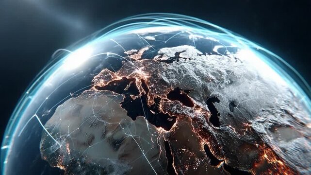 Global Connections: An electrifying digital representation of Earth, showcasing glowing city lights and vibrant lines symbolizing worldwide networks and communication.
