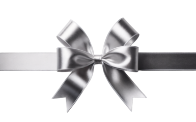 Silver ribbon bow with white and dark gray ribbon ends