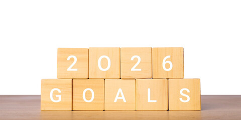 Wooden blocks with 2026 goals text for planning and achievement concept, isolated on transparent background