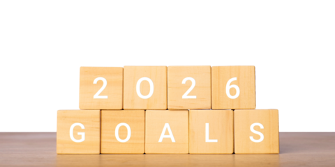 Wooden blocks with 2026 goals text for planning and achievement concept, isolated on transparent background