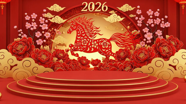 Chinese new year podium with red layered steps, behind it a decorative fire horse made of intricate red-gold paper-cut patterns, 2026 theme