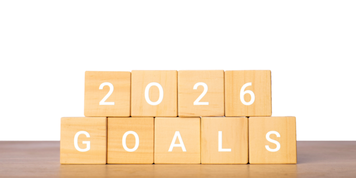 Wooden blocks with 2026 goals text for planning and achievement concept, isolated on transparent background