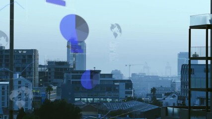 Translucent blue graphics appearing over skyline, growing and scrolling charts to show city metrics - Powered by Adobe