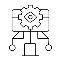 Outline drawing of a gear on a screen with connections on transparent background