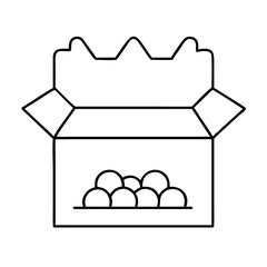 Outline drawing of an open box filled with round objects on transparent background