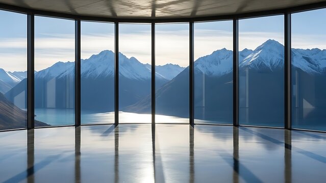 Modern interior room with panoramic view of majestic snow-capped mountains and calm lake. - Powered by Adobe