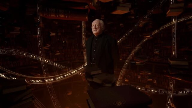 Elderly man levitating in mystical spherical library surrounded by glowing ancient glyphs and floating books with warm ambient light