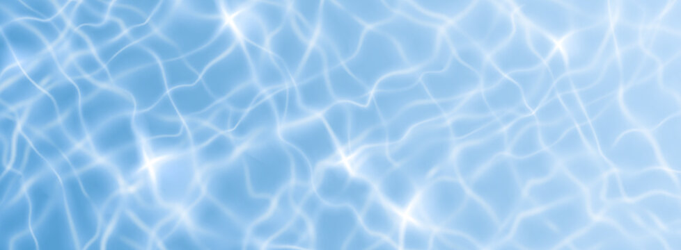 Transparent blue water surface top view. Vector realistic illustration of seamless aqua texture, swimming pool background with light reflection and waves, summer hotel poster, ocean or sea ripple