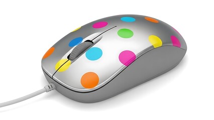 A silver computer mouse with a white cable and colorful polka dots on a white background surface view