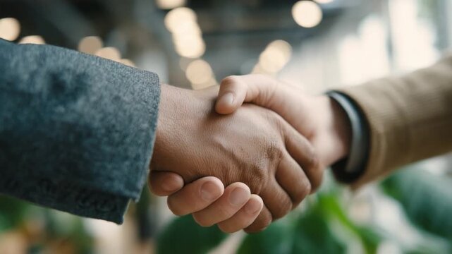 Handshake: A close-up shot captures two individuals sealing an agreement, their hands clasped firmly in a gesture of mutual respect and understanding.