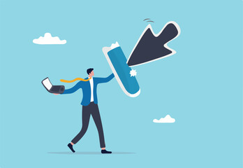 Cyber attack protection, guarding from internet hacker, computer security system or privacy firewall concept, strong businessman holding shield to protect from big mouse pointer to attack his computer