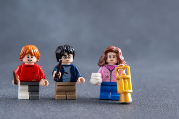 Naklejka premium Friends forever Ron and Hermione. Lego man Harry Potter mini figures toy bricks. Ukraine, Kyiv - January 17, 2024.
