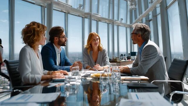 Brainstorming in the Sky: A modern office setting with a meeting table against a backdrop of panoramic city views and business people discussing