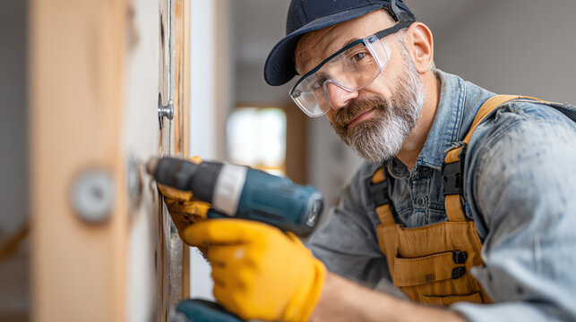 A focused craftsman works diligently with a power drill on a construction project in a modern interior.