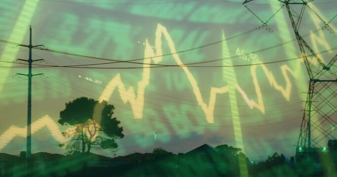 Camera shifting right, revealing lattice towers while line chart moving, showing corridor growth
