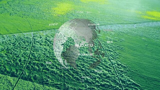 Numbers appearing, faint globe fading and rotating over fields while labels orbiting showing data