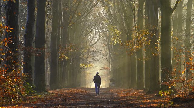 A man walking in a lane with the sun rays shining through the trees on an autumn morning.