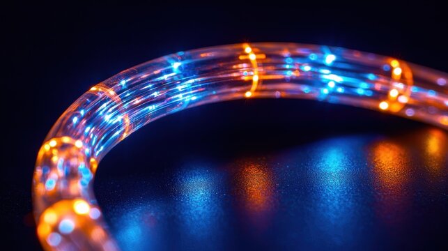 Bent cable detail curved fiber optic internal light pathways vibrant blue orange illumination dark background professional studio lighting macro
