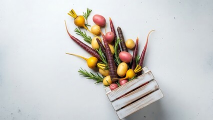 Fresh organic root vegetables spilling from a rustic white wooden crate on a light background.