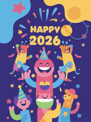Happy New Year 2026 Celebration with Cute Monster Characters and Confetti.