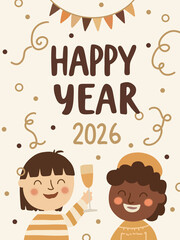 Cute Happy New Year 2026 Kids Illustration with Champagne Glass and Bunting.