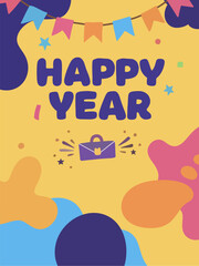 Vibrant and Playful Happy New Year Background with Festive Elements and Work Portfolio.