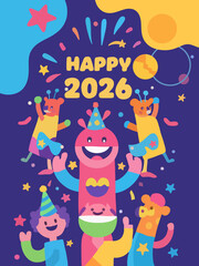 Fototapeta premium Happy New Year 2026 Celebration with Cute Monster Characters and Confetti.