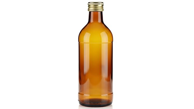 Empty amber glass bottle with a gold cap on a white background.