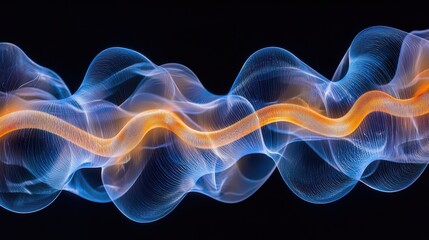 Fototapeta premium Fiber path detail abstract light waves flowing blue orange luminous trails serpentine patterns long exposure optical fibers translucent glass structures technology