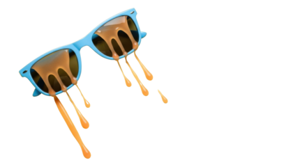 Summer Heat Concept. Bright Blue Sunglasses with Melted Orange Droplets Isolated on White Background.
