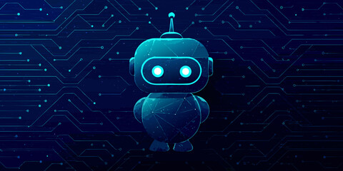 Cute robot character with glowing eyes and circuit board background