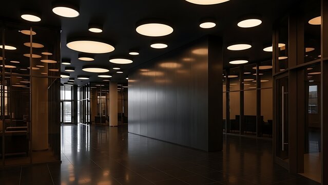 Modern office interior with sleek design and illuminated ceilings.