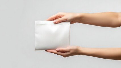 Hands holding blank white product packaging pouch for mock-up.