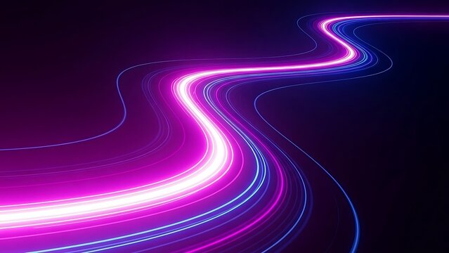 Abstract neon light trails in pink and blue winding through a dark background creating a dynamic effect