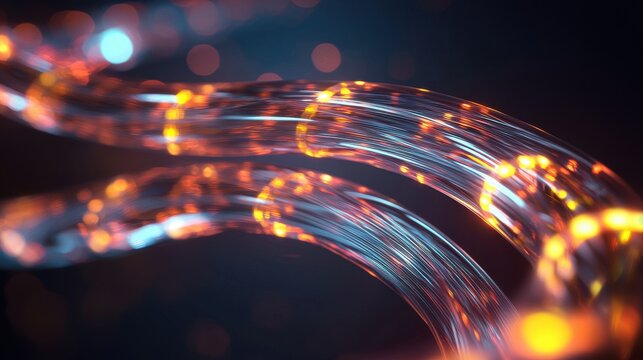 Bent cable detail close-up fiber optic bundle various colored light paths flowing through natural bend transparent housing telecommunications infrastructure