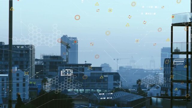 Urban skyline receiving data pulse, floating icons forming linked hex grids, visualizing network